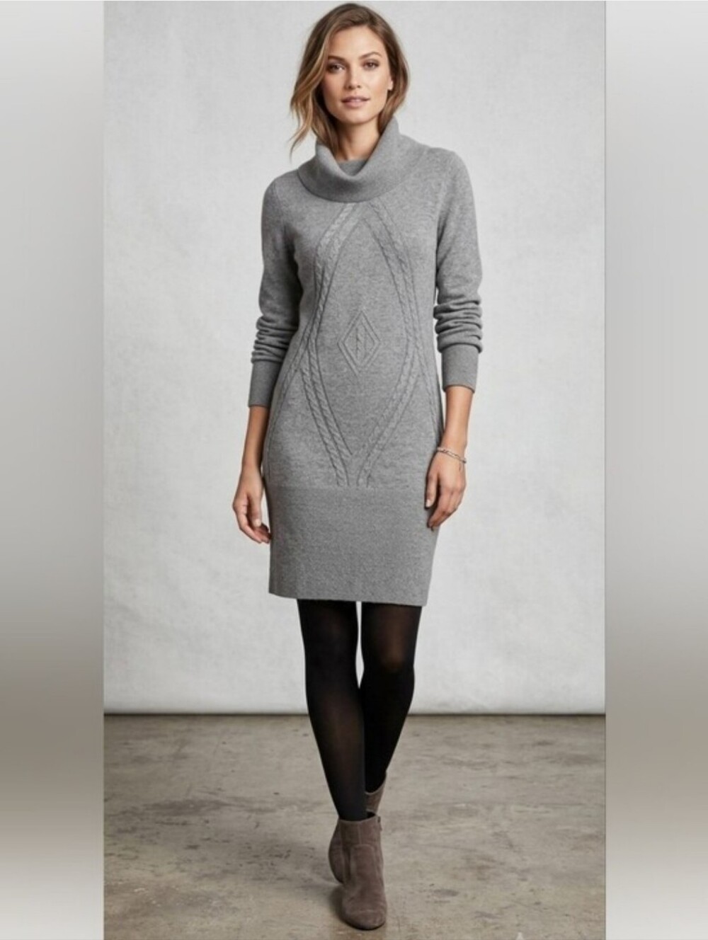 Antonio Melani Wool Blend Cable Knit Turtleneck Gray Sweater Dress Size XS